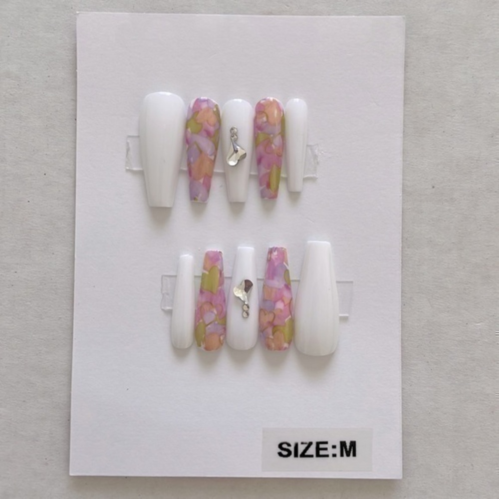 Hand Crafted Colorful And White Long Press On Nails